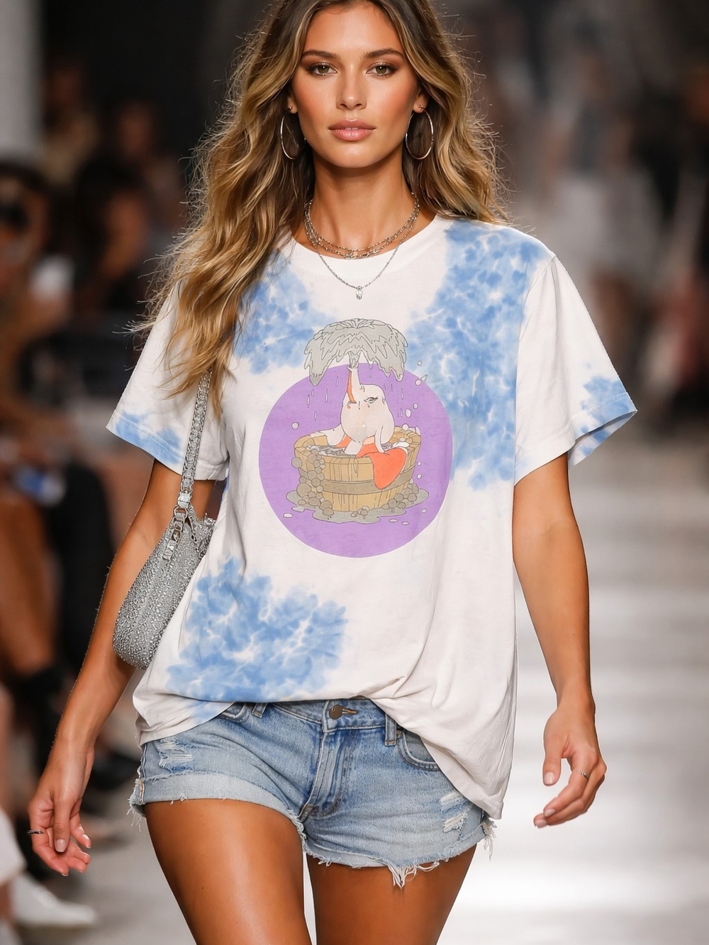 Disney White & Blue Tie-Dye Short Sleeve Tee with Purple Dumbo The Elephant